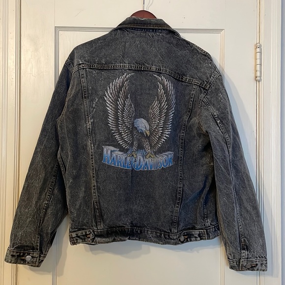 Harley Davidson Vintage 1987 Eagle Print Stone Wash Denim Jacket Mens Size Large - Picture 1 of 10